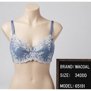 Wacoal Embrace Lace Bra 34DDD Blue White Unlined Underwire Style 65191